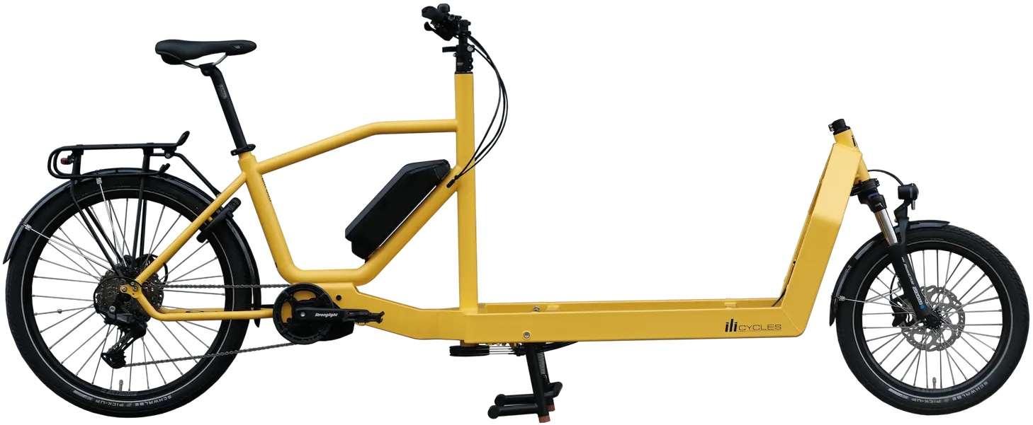 Un cargo biporteur iliCycles Bili jaune vue de profil.
