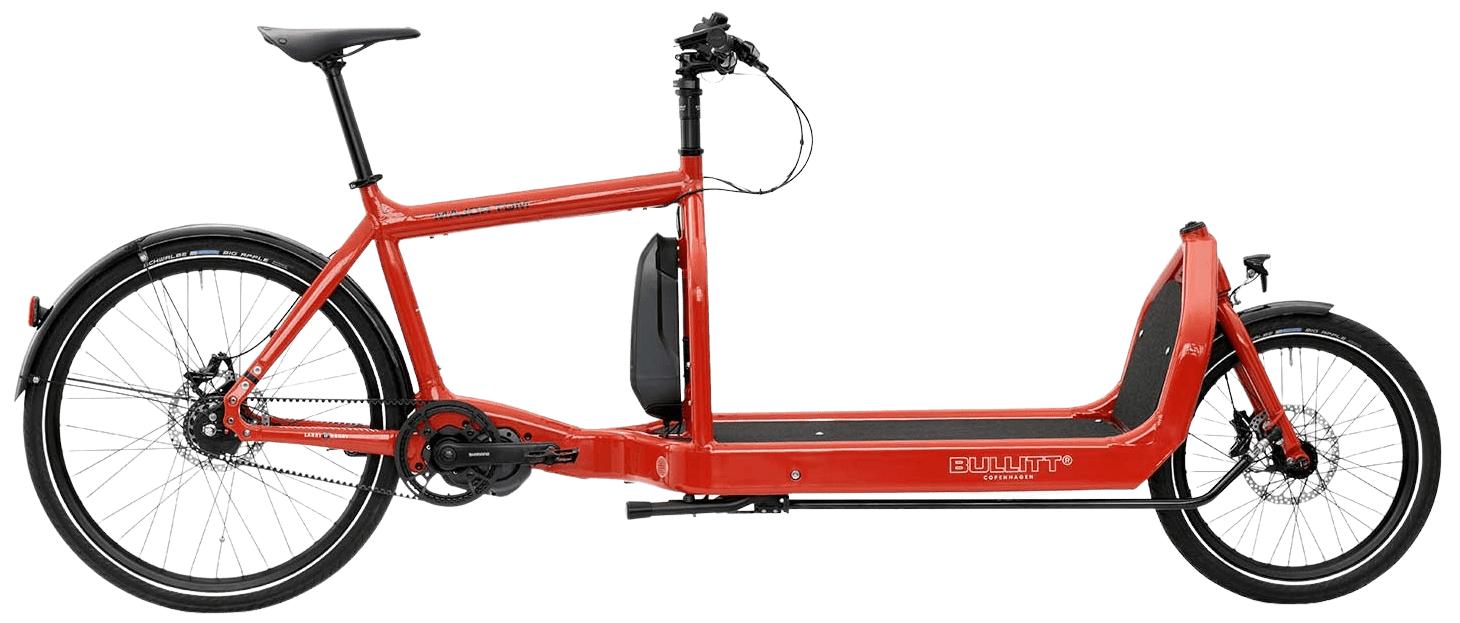 Un cargo biporteur Bullitt rouge vue de profil.